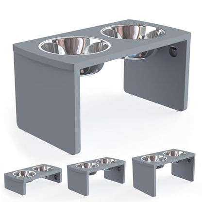 Elevated Dog Bowls, Bamboo Raised Dog Bowl for Large Dogs & Medium Dogs, with 2 Stainless Steel Bowls (10'' Tall–48 oz Bowl, Grey) - color: Grey, size: Large: 10'' Tall-48oz Bowl