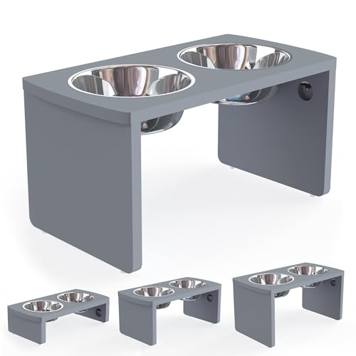 Elevated Dog Bowls, Bamboo Raised Dog Bowl for Large Dogs & Medium Dogs, with 2 Stainless Steel Bowls (10'' Tall–48 oz Bowl, Grey) - color: Grey, size: Large: 10'' Tall-48oz Bowl