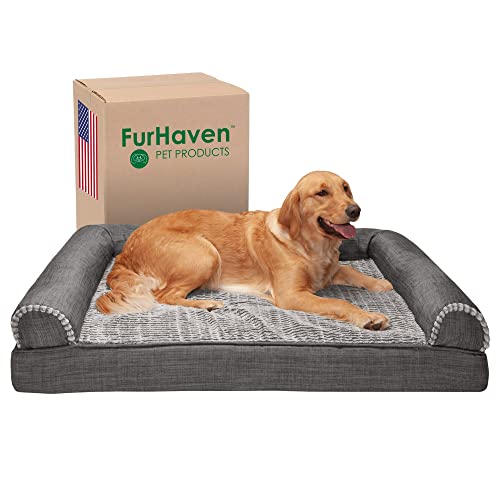 Furhaven Cooling Gel Dog Bed for Large Dogs w/ Removable Bolsters & Washable Cover, For Dogs Up to 95 lbs - Luxe Faux Fur & Performance Linen Sofa - Charcoal, Jumbo/XL - color: Charcoal, size: Jumbo