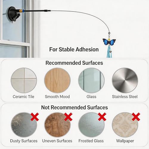 Suction Cup Cat Toy for Indoor Cats, 4 Play Modes Hands Free Interactive Cat Teaser Wand with 12 Replaceable Bell Attachments, Self Play Kitten Toys for Boredom Relief and Exercise