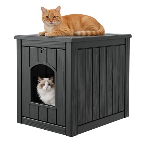 Outdoor Cat House Weatherproof, Resin Cat Houses for Outdoor Indoor Cats, Cat Box Enclosure, Easy to Assemble & Clean, Black - color: Black, size: 24.6"D x 19.5"W x 23"H
