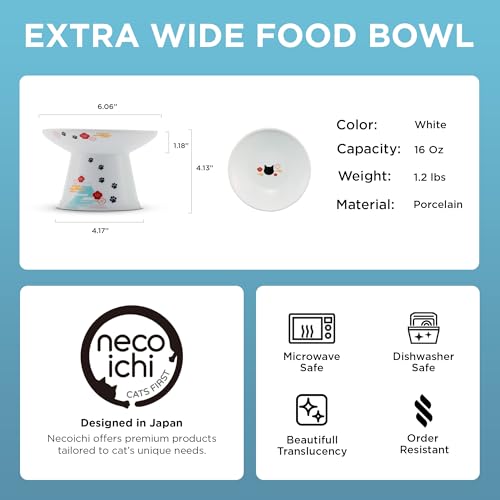 Necoichi Elevated Cat Food Bowl, Ceramic (Porcelain), Whisker-Friendly, Dishwasher & Microwave Safe, Non-Slip Silicone Base, Anti-Vomiting & Neck Fatigue (Fuji, Extra Wide, 2-Cups Capacity). - color: Fuji, size: Large Extra Wide Flat (2 Cups)