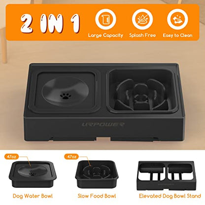 URPOWER 2-in-1 Elevated Slow Feeder Dog Bowls with No-Spill Water Bowl, 4 Height-Adjustable Raised Dog Bowls, Non-Slip Food and Water Bowls with Stand for Small, Medium, Large Dogs, Cats and Pets - color: Black, size: Slow Feeder