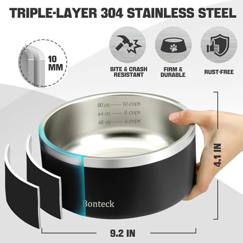 Bonteck Dog Bowl - Dog Water and Food Anti Rust & Non Slip Metal Bowls Large, Spill Proof Insulated Double Wall Pet Dish for Dogs, Cats & Pets, Stainless Steel, Dishwasher Safe (100 oz, Black)