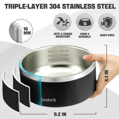 Bonteck Dog Bowl - Dog Water and Food Anti Rust & Non Slip Metal Bowls Large, Spill Proof Insulated Double Wall Pet Dish for Dogs, Cats & Pets, Stainless Steel, Dishwasher Safe (100 oz, Black)