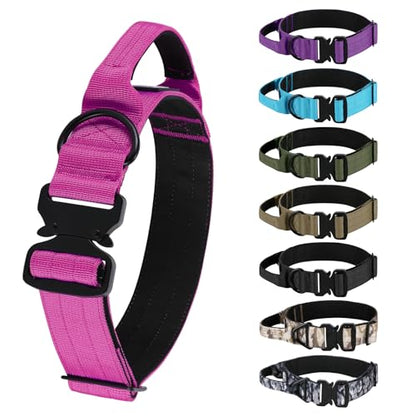 Tactical Thick Dog Collar, Adjustable Training Nylon Dog Collar, Heavy Duty Metal Buckle & Control Handle for Small Medium Large Dogs (M, Hotpink) - color: Hotpink, size: M