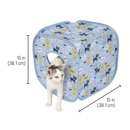 Kitty City Cat Print Pop-Up Play Cube, Collapsible Indoor Hideout with Peekaboo Openings, Lightweight Foldable Cube for Play & Lounging, Blue - color: H) Cat Print Cube House (Blue)