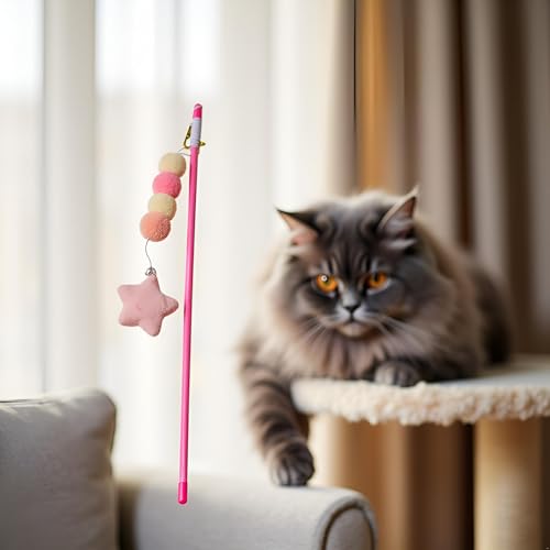 Pink Cat Stick Toy Elastic Rope Plush Ball Star Pendant Bite-Resistant Comfortable Grip Relieve Boredom Handmade Kitten Teaser Wand Cat Mice and Animals Toys