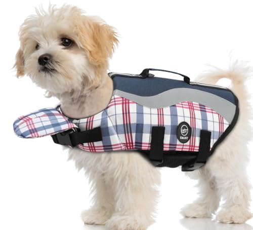 EMUST Dog Life Vests, Adjustable Dog Life Jackets for Small Dogs with Enhanced Buoyancy, Small Swim Vest with Durable Rescue Handle, Navy Check, XS - color: NavyCheck, size: XS