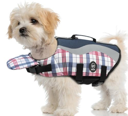 EMUST Dog Life Vests, Adjustable Dog Life Jackets for Small Dogs with Enhanced Buoyancy, Small Swim Vest with Durable Rescue Handle, Navy Check, XS - color: NavyCheck, size: XS