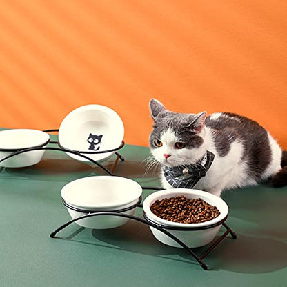 ZONEYILA Elevated Cat Bowls, Dog Bowl, Ceramic Raised Cat Food Water Bowl Set with Metal Stand for Indoor Cats Small Dog, Prevent Neck Pain,12 Ounces, Cute Paw Pattern - color: Paw Pattern Bowls & Black Stand