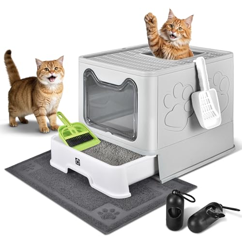 Cat Litter Box with Litter Mat, Foldable Extra Large Free in and Out/One-Way with Lid, Drawer Type Enclosed Kitty Litter Box,Odor Control Anti-Splashing Easy Cleaning (Pale Grey) - color: Pale Grey