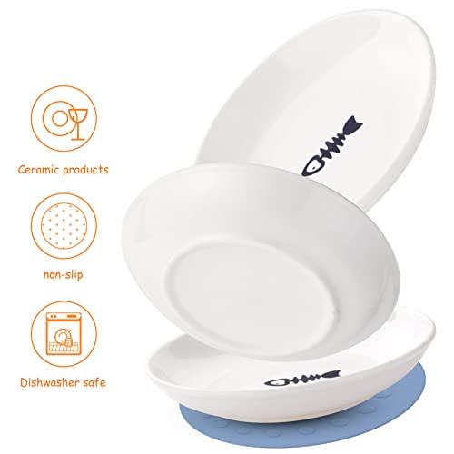 Ceramic Cat Food Plates for Wet Food, Wide Bowls to Stress Relief of Whisker Fatigue Cat Dishes, Shallow Bowls for Kittens and Small Animals with Non-Slip Mat