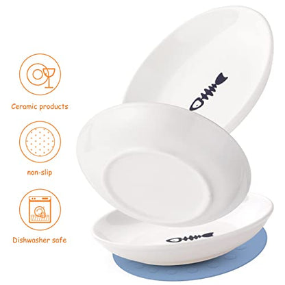 Ceramic Cat Food Plates for Wet Food, Wide Bowls to Stress Relief of Whisker Fatigue Cat Dishes, Shallow Bowls for Kittens and Small Animals with Non-Slip Mat