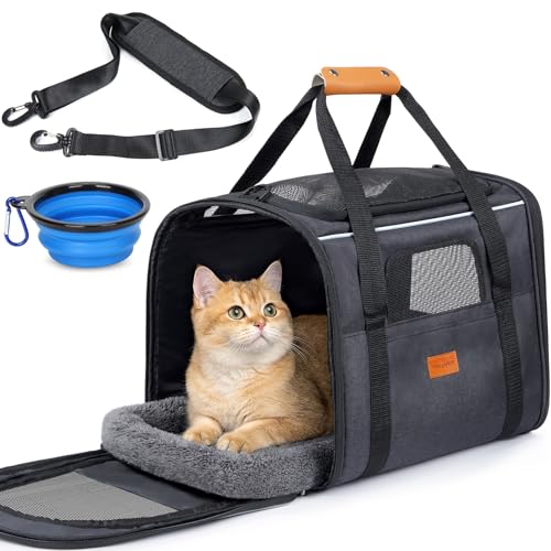 Morpilot Pet Carrier for Large Cats, Puppies & Small Dogs Up to 25lbs, Escape-Proof with Locking Zippers, Dual-Sided Cushion, Safety Buckle for Car & Vet Travel, Includes Foldable Bowl (Dark Gray) - color: Dark Gray -L (Thickened Mat), size: 18.0"L x 12.5