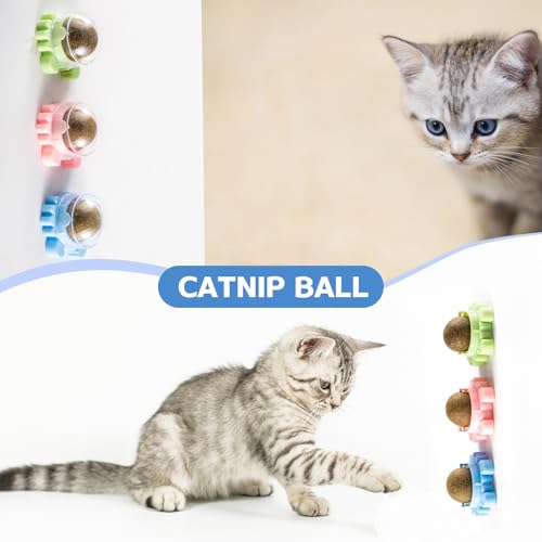 4 Packs Catnip Ball for Cats, Lickable Cat Toys Wall Mount with 360° Rolling & Spinning, Organic Cat Nip Chew Toys for Teeth Cleaning, Mint Magic Catnip Ball Toy for Indoor Cats
