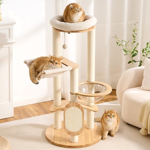Modern Solid Wood Cat Tree Small Tower with Scratching Post for Indoor, Multifunctional Cat Tree Tower with Bed, Space Capsule, Hammock, Scratching Board, Dangling Ball - color: White, size: 49 inch