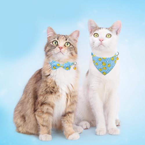 SCENEREAL Cat Collar with Bells, 2 Pack Breakaway Cat Collars with Removable Bowtie Bandana, Adjustable Cute Kitten Collar for Pet Small Dogs Boys Girls, Blue Duck - color: Bandanas & Bow (Duck - Blue)