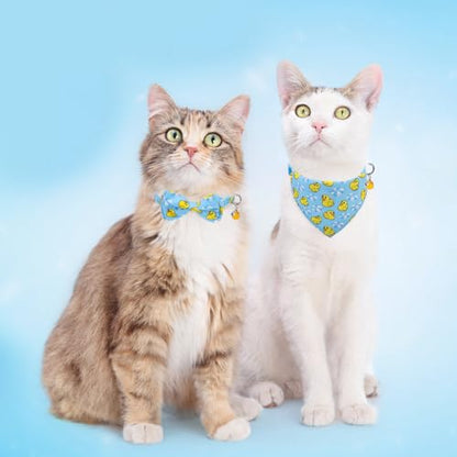 SCENEREAL Cat Collar with Bells, 2 Pack Breakaway Cat Collars with Removable Bowtie Bandana, Adjustable Cute Kitten Collar for Pet Small Dogs Boys Girls, Blue Duck - color: Bandanas & Bow (Duck - Blue)