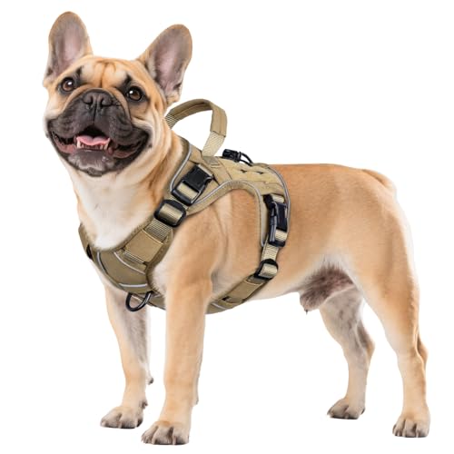 WINGOIN Tactical Dog Harness for Small Dogs, Heavy Duty No Pull Harness with Handle, Adjustable Reflective Military K9 Pet Vest for French Bulldog, Pug, Walking, Training, Hunting, Khaki (S) - color: Khaqi, size: S: 15-30 lbs (Chest:20-26",Neck:15-18")