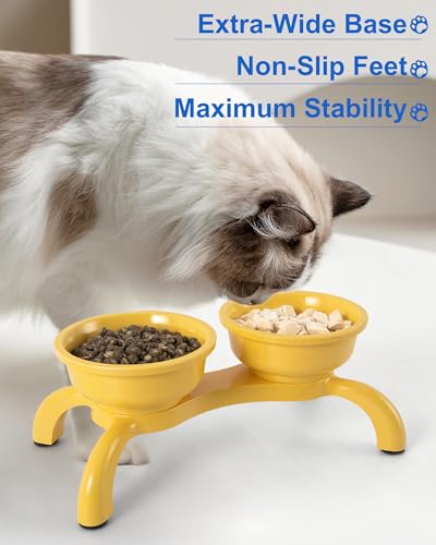 Raised Cat Bowl with Anti-Ant Hollow Base, Detachable Melamine Elevated Cat Bowls, Anti-Vomiting Whisker Friendly Cats Dish for Food, Stable & Non-Slip Cats Food Bowl, Dishwasher Safe - color: Yellow, size: Double