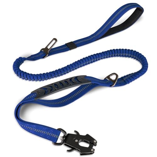Joytale Tactical Dog Leash Heavy Duty, 4-6FT Shock Absorbing Bungee Lead with 2 Padded Handle, Metal Carabiner Clip, Car Seatbelt, Strong No Pull Leash for Medium Large X-Large Dogs, Navy Blue - color: Navy Blue