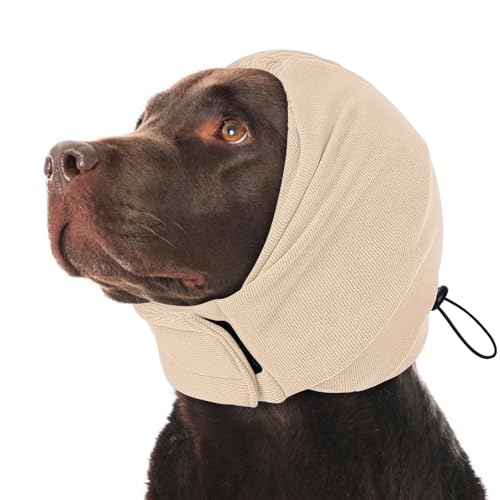 Dog Calming Hoodie, Soft & Adjustable No Shake Ear Wrap for Dogs Hematoma, Noise Protection Dog Head Muffs, Anxiety Relief Ear Cover for Dogs for Fireworks, Separation, Drying, Thunder - color: Khaki, size: Large