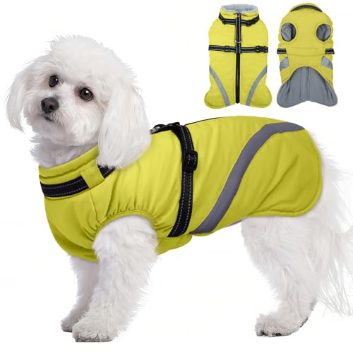 BRKURLEG Dog Winter Jackets for Small Dogs, Dog Coat with Harness Built in, Dogs Snowsuits with Zipper, Waterproof Windproof Pet Puffer Jacket Fleece Vest for Chihuahua, Yorkie, Green XS - color: Green, size: X-small