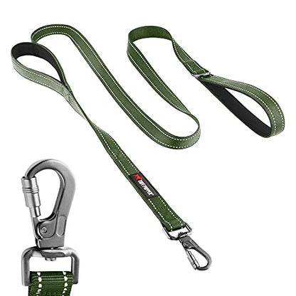 Tuff Pupper Heavy Duty Double Handle Leash with Twist Lock Carabiner Clip | Safety Lock for Strong Dogs | Reflective for Night Walks | 6ft for Medium & Large Dogs - color: Olive