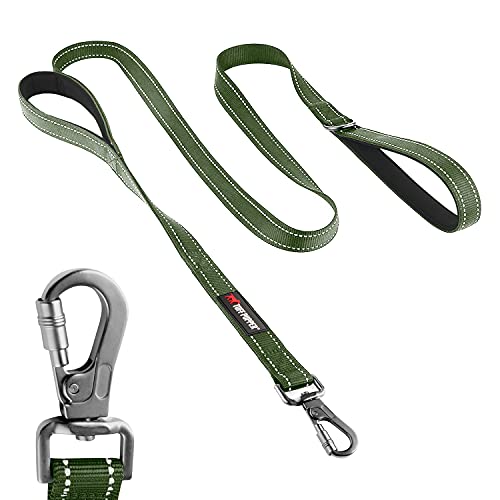 Tuff Pupper Heavy Duty Double Handle Leash with Twist Lock Carabiner Clip | Safety Lock for Strong Dogs | Reflective for Night Walks | 6ft for Medium & Large Dogs - color: Olive