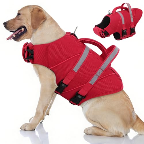 Queenmore XXL Dog Life Jackets for Swimming, Boating & Lake, High Buoyancy Ripstop Reflective Pet Life Vest with Rescue Handle & Leash Hook for Large Sized Dogs 150 lbs, Red - color: Hi-Vis Red, size: XX-Large