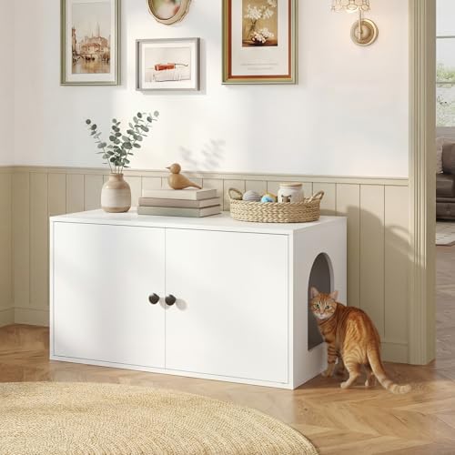 HOOBRO Cat Litter Box Enclosure, Hidden Litter Box Furniture with Side Entry, Litter Box Cabinet, Indoor Cat House, End Side Table, 31.5"L x 17.7"W x 16.3"H, for Living Room, Bathroom, White WT40MW01 - color: White