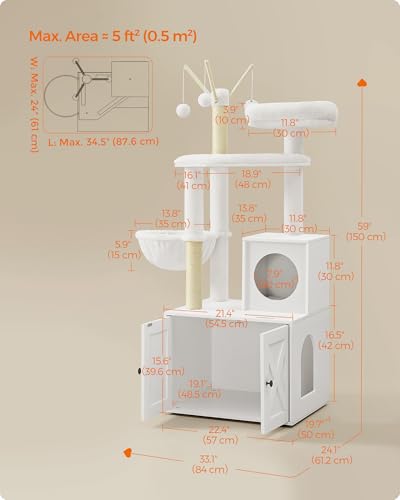 Feandrea Cat Tree with Litter Box Enclosure, 59-Inch Modern Cat Tower, 2-in-1 Condo with Scratching Posts, Washable Removable Cushion, Cloud White UPCT113W01 - color: Cloud White