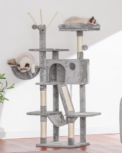 Hey-brother Cat Tree, 53 inch Cat Tower for Indoor Cats, Cat House with Padded Platform Bed, Toy Balls, Large Cozy Condo, Hammocks and Sisal Scratching Posts, Light Gray MPJ019-SW - color: Light Gray