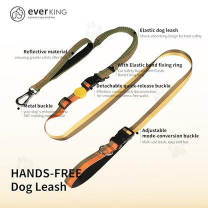 ‌EVERKING 6ft Hands-Free Dog Leash - 6-in-1 Adjustable with 360° Rotating Buckle, Night Reflective & Shock Absorbing for Large/Small Dogs (Up to 120lbs) (Golden) - color: Golden