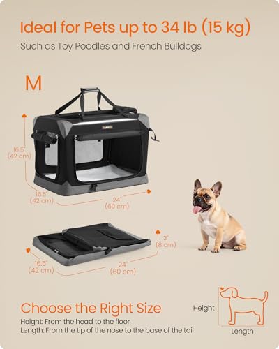 Feandrea Collapsible Dog Crate, Portable Oxford Fabric Pet Travel Crate with 4 Mesh Doors, Handles, Pocket, 24 Inches, for Small Dogs, Ink Black and Dove Gray UPDC026BH01 - size: M (24"L x 16.5"W x 16.5"H)