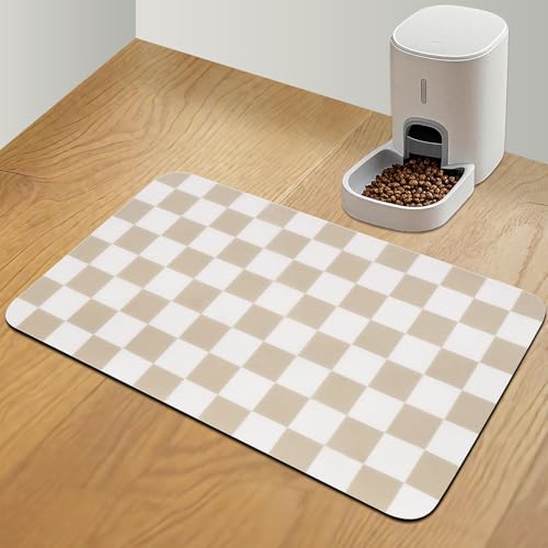CooRug Checkered Dog Food Mat, Absorbent Leak-Proof Pet Feeding Mat, Quick Dry Cat Food Mat for Messy Drinkers 16" x 24" Khaki - color: Khaki, size: 16" x 24"
