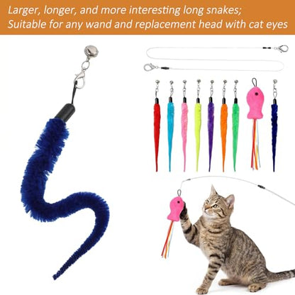 10 PCS Cat Worm Toy Including Worm & Little Fish, Interactive Cat Wand Toy Retractable Cats Wand Attachment Fuzzy Worms Toys Cats Fishing Pole Toys with Wands Replacement Rope for Play Exercise