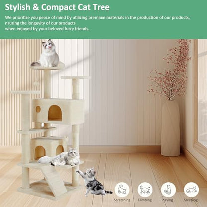 Cat Tree Tower, 54-Inch Cat Tree for Indoor Cats, Multi-Level Furniture Activity Center Cat Tower with Scratching Post, Beige