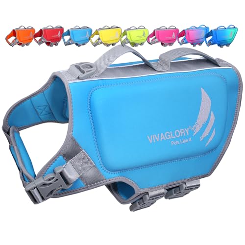 VIVAGLORY High Buoyancy Dog Life Vest, Swimming Vest with Handle, Dog Life Jacket for Swimming & Boating, Buoyancy for Puppy Doggy, L, Blue - color: Blue, size: L: 25-28 inch (Ribcage Girth)