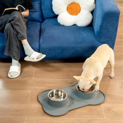Conlun Medium Pet Feeding Station, 29oz Stainless Steel Dog Bowls Set, No Spill Food & Water Dishes with Non Slip Silicone Mat for Breeds Up to 55 Lbs, Grey - color: Grey, size: Medium-29oz