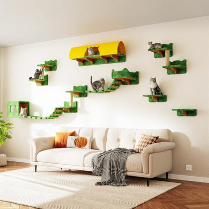 16-in-1 Cat Wall Shelves, Wall Mounted Cats Furniture Set w/Plush Fabric, Cat Climbing Systems, Cats Shelf with 40''L Tunnel, Condos, House, Steps, Bridge Ladder & Scratching Post, Green - color: Green, size: 16-in-1