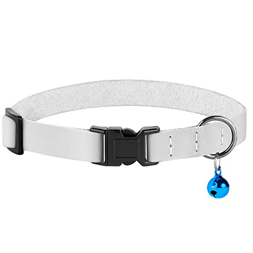 Breakaway Cat Collar with Bell - Leather Adjustable Kitten Collars with Safety Quick Release Buckle - Soft Small Pet Collars for Girl & Boy Cats (White) - color: White