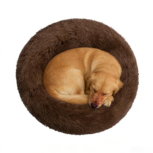 Calming Donut Dog Beds Large Sized Dog - Washable Removable Cover Non-Slip, Round Pet Bed Warming Fluffy Plush Faux Fur Anti-Anxiety Thick Cushion, Fits up to 80 lbs (Coffee, 36") - color: Coffee, size: 36"L x 36"W x 8"Th