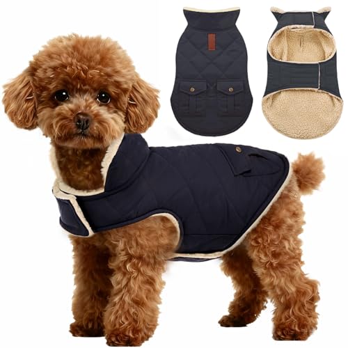 ASENKU Warm Dog Winter Coat, Waterproof Dog Coat for Cold Weather, Fleece Dogs Jacket with Ultra Thick Plush Lining Leash Hole Storage Pockets for Medium Dogs (Navy Blue, Medium) - color: Navy Blue, size: Medium