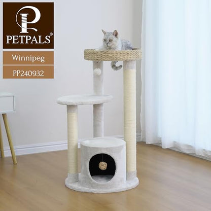 PetPals 4-Level Multi-Activity Cat Tree with Base Condo,Handwoven Paper Rope Top Nest Bed, Replaceable Sisal Scratching Posts,Teaser Toy (Cream and Beige) - color: Cream and Beige