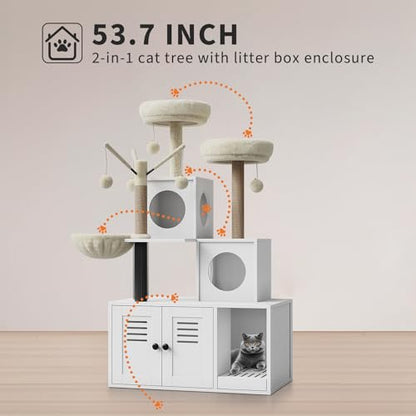 Garvee 53.7-Inch Litter Box Enclosure with Cat Tree, 2-in-1 Modern Large Cat Tower for Indoor Cats with Condo/Hammock/Scratching Post/Plush Perch/Caves, Wooden Hidden Litter Box Furniture, White