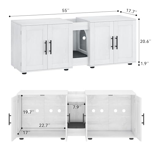 Garvee Cat Litter Box Enclosure for 2 Cats, 55" Hiddden Litter Box Enclosure Furniture 3-in-1 Wooden Litter Cabinet with Barn Door & Double Rooms for Bedroom Living Room,White - color: White