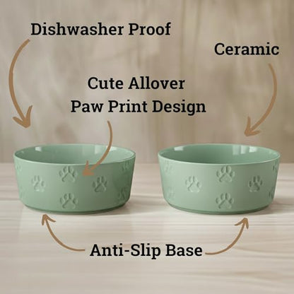 Ceramic Dog Bowl Set of 2 with Anti-Skid Base - 6.5" Wide x 2.5" Tall Ceramic Dog Bowls Medium Sized Dogs - 3.8 Cup Capacity Food and Water Bowls for Dogs - Rubber Bottom Pet Bowl Set of 2 Medium Size - color: Sage Green, size: Medium