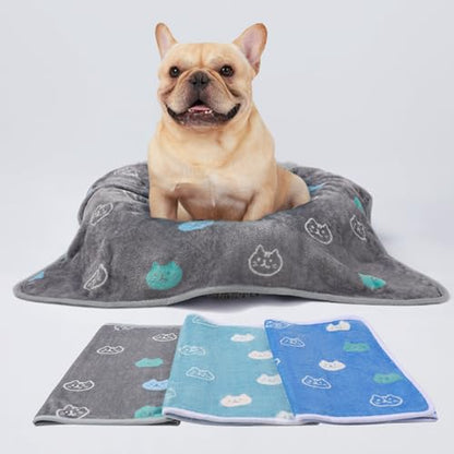 1 Pack 3 Blankets Super Soft Fluffy Premium Cute Cat Pattern Pet Blanket Flannel Throw for Dog Puppy Kitten Blue/Cyan/Grey Small(23x16 inch) - color: Blue/Cyan/Grey, size: 23x16 inch (Pack of 3)